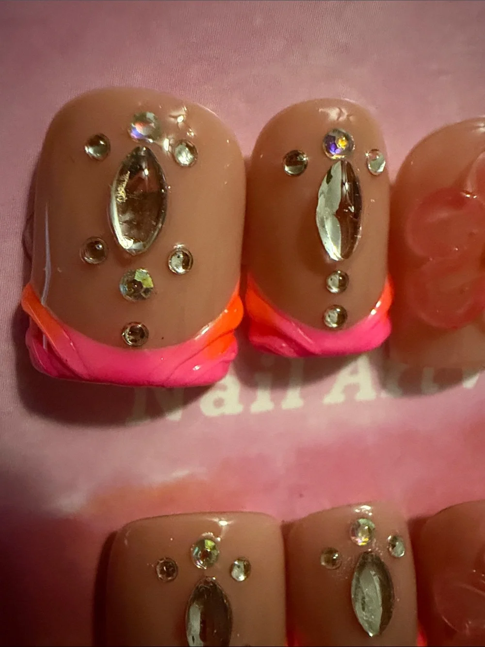 Nude Pink Acrylic handmade Press-On Nails with Neon Tips & Rhinestones